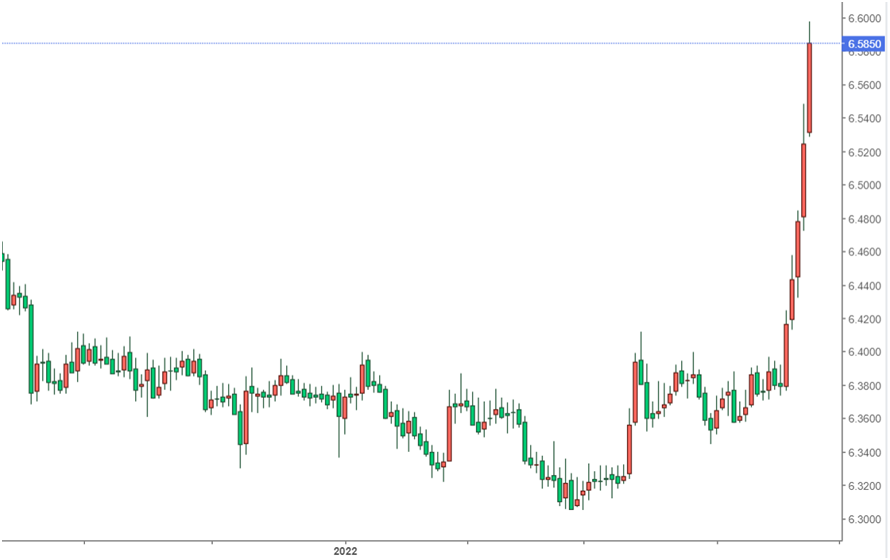 USD/CNHチャート、日足