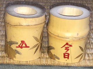 竹蓋置 一双 つぼつぼ蒔絵 宗玄作 良漆【中古】 竹蓋置 一双 つぼつぼ