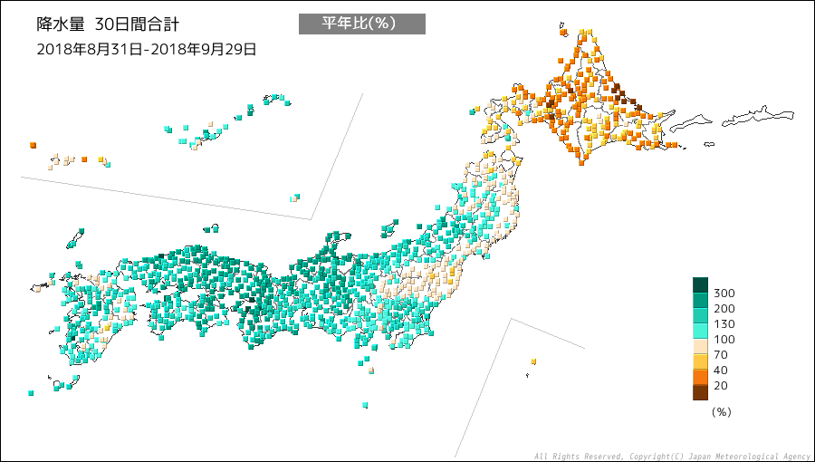 2018年9月の日本の降水量。