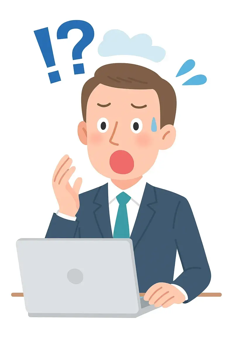 パソコンを見て記事が消えていることに驚く男性のイラスト