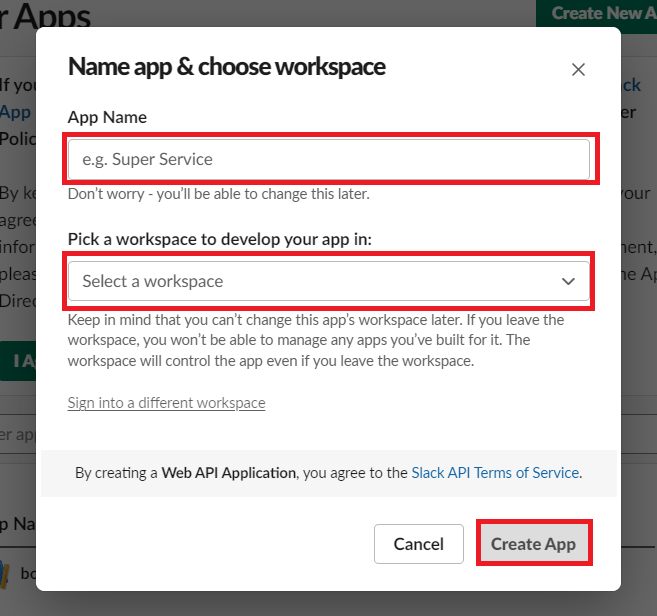 Slack API/Name app & choose workspace