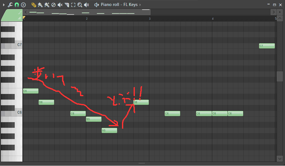 ピアノロールに歩いてから飛んだ音符を打ち込んだ画面