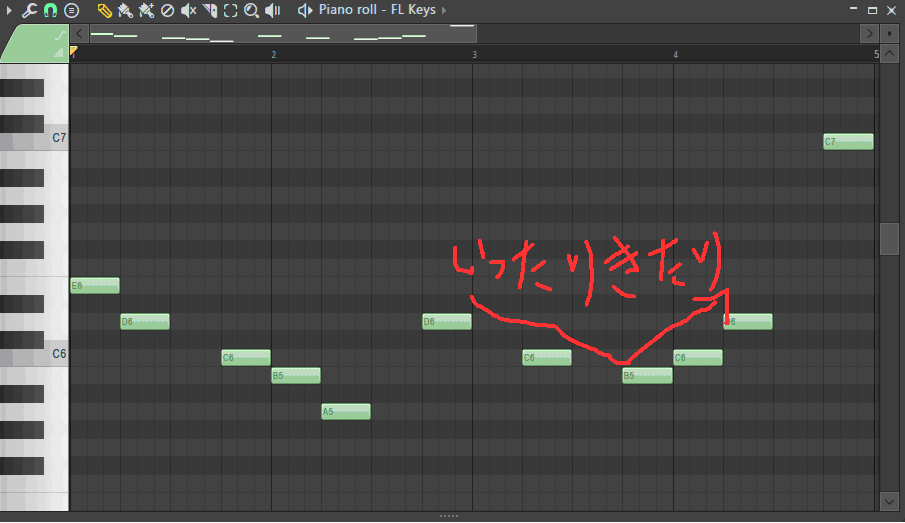 ピアノロールで順次進行をジグザグに打ち込んだ画面