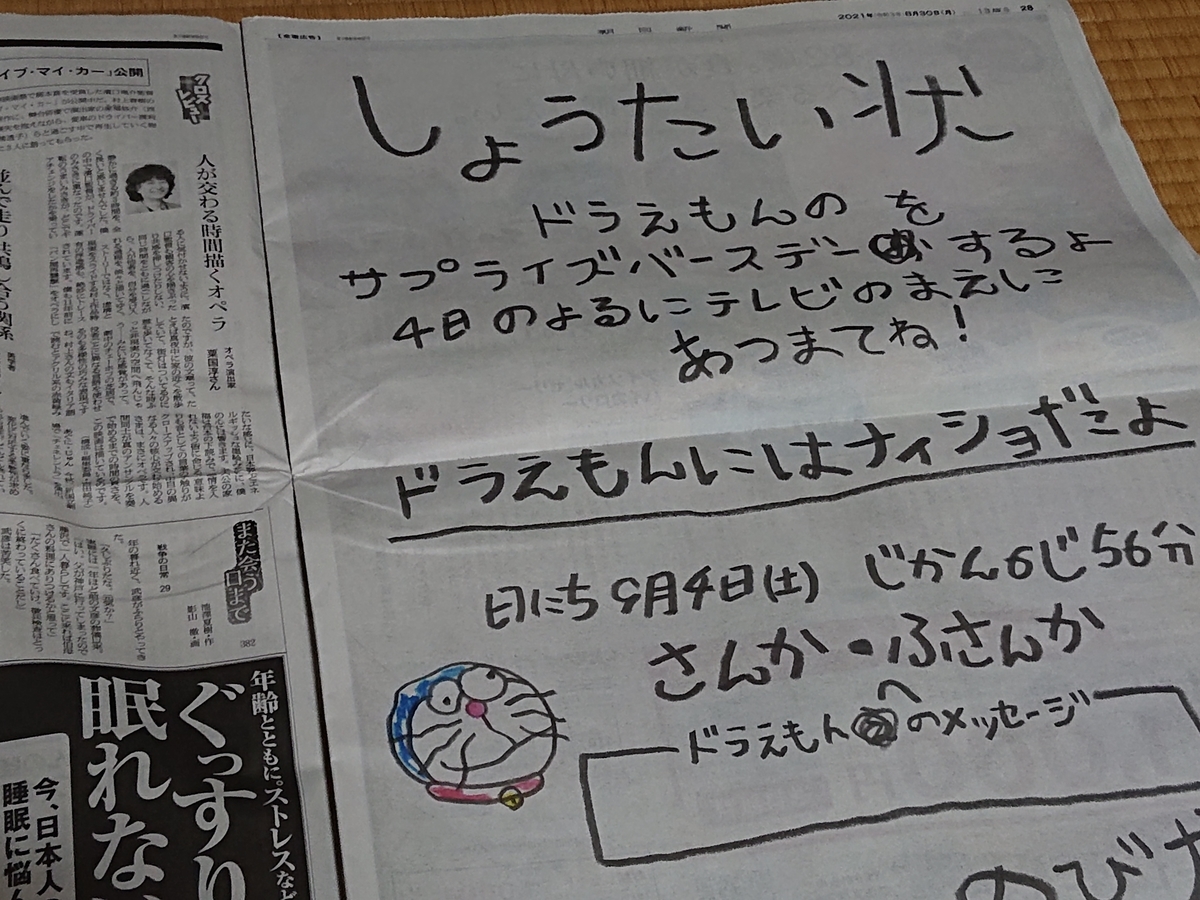 朝日新聞 ドラえもんサプライズバースデーの招待状 と ドラえもん東京ばな奈 原子おはじき 藤子不二雄作品関連について語るブログ