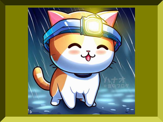 雨の夜にヘッドライトを点けて微笑む子猫のイラスト