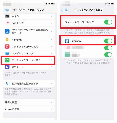 iPhoneのモーションとフィットネスの設定キャプチャ画面その2