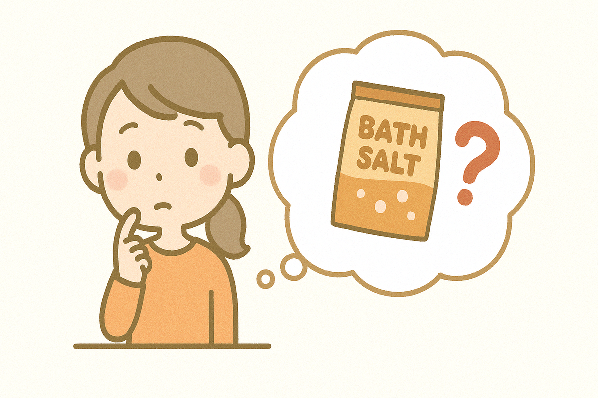 入浴剤を毎日使っていいか考えている女性のイラスト。入浴剤のパッケージとクエスチョンマークが描かれた吹き出しを見つめながら、顎に手を当てて悩む様子をやわらかなタッチで表現。
