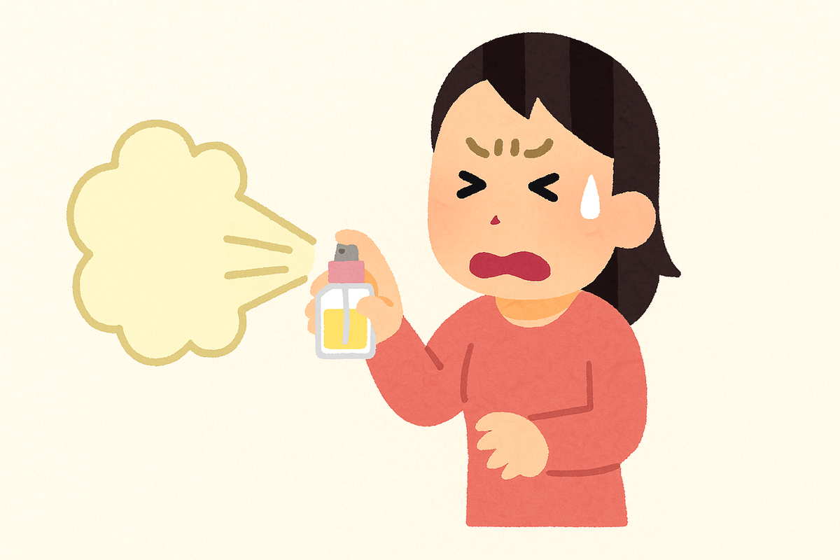 香水を肌に直接大量噴射して嫌な顔をしている女性のイラスト
