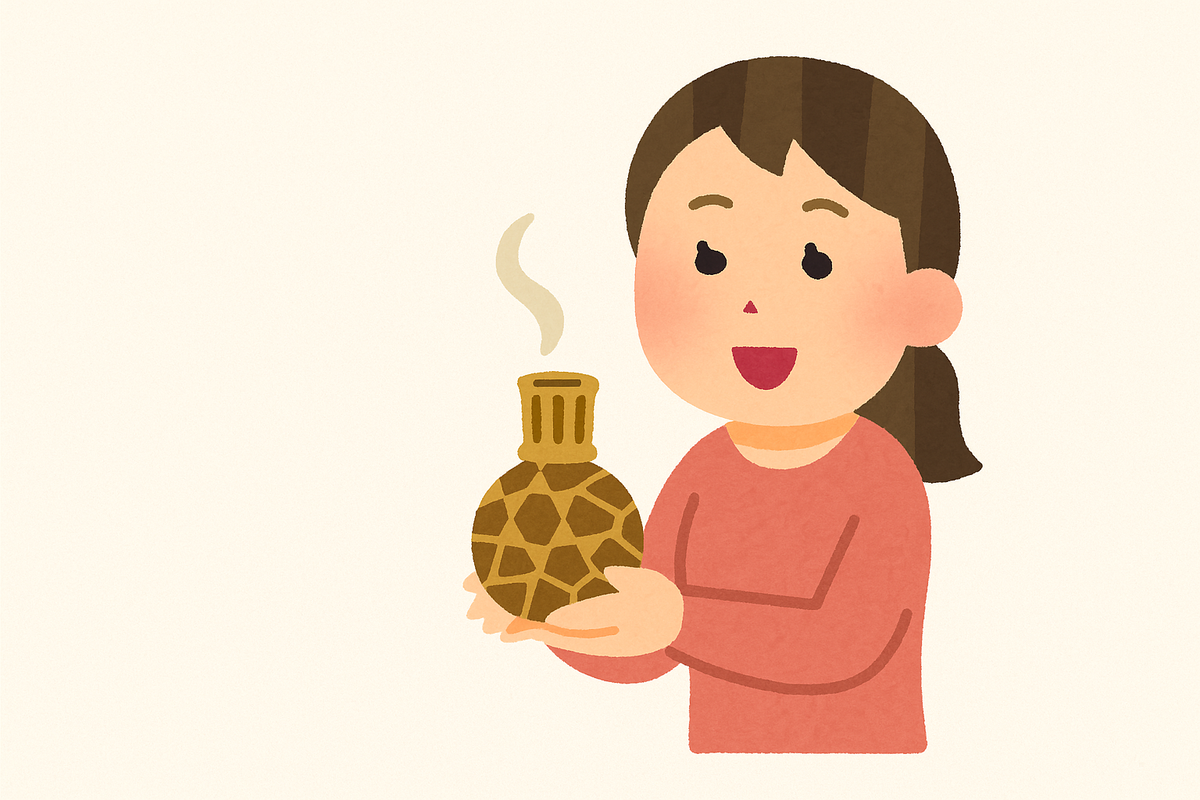 フレグランスランプを持って笑顔の女性のイラスト