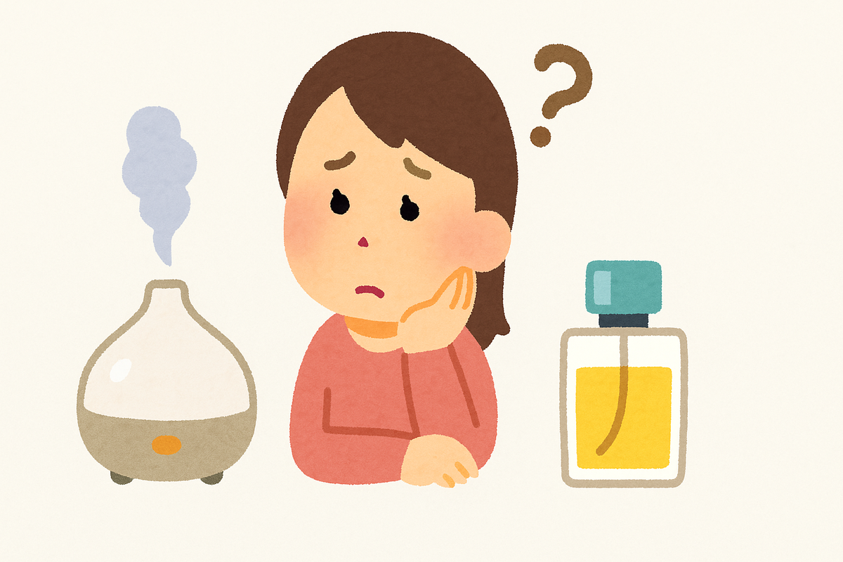 香水をアロマディフューザーに入れてもいいか悩んでいる女性のイラスト