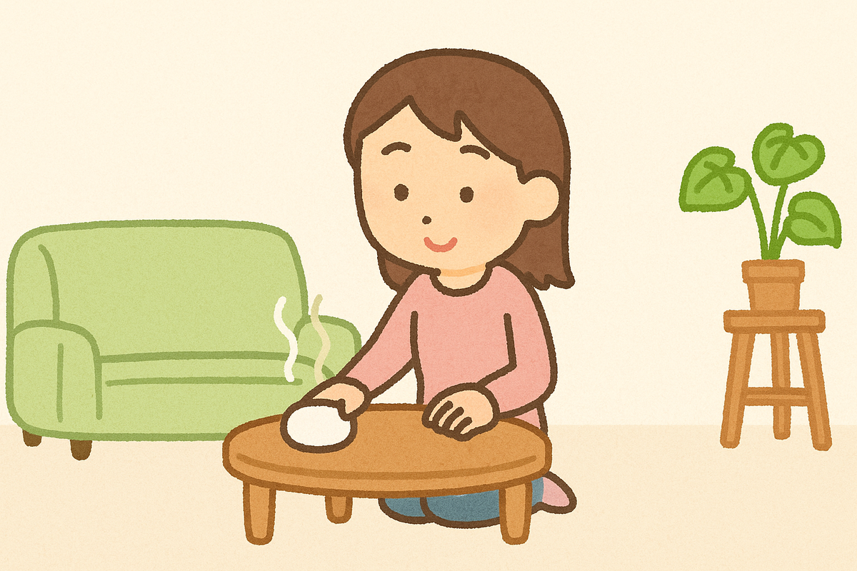 アロマストーンを家のリビングに置いている女性のイラスト