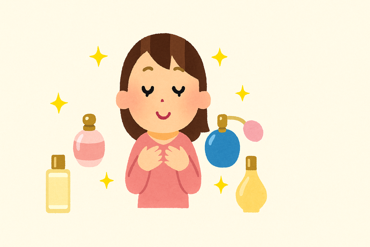 さまざまな匂いを嗅いでいる女性のイラスト