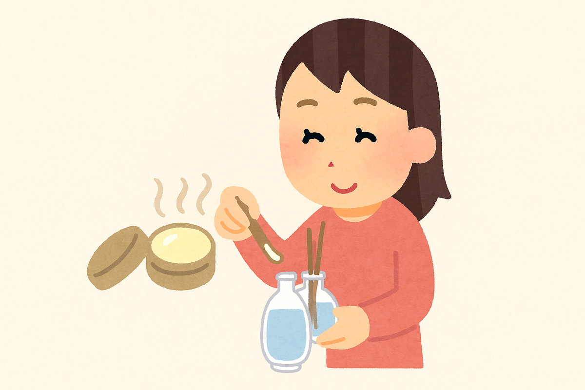 練り香水をそのまま置いてルームフレグランスにしている女性のイラスト