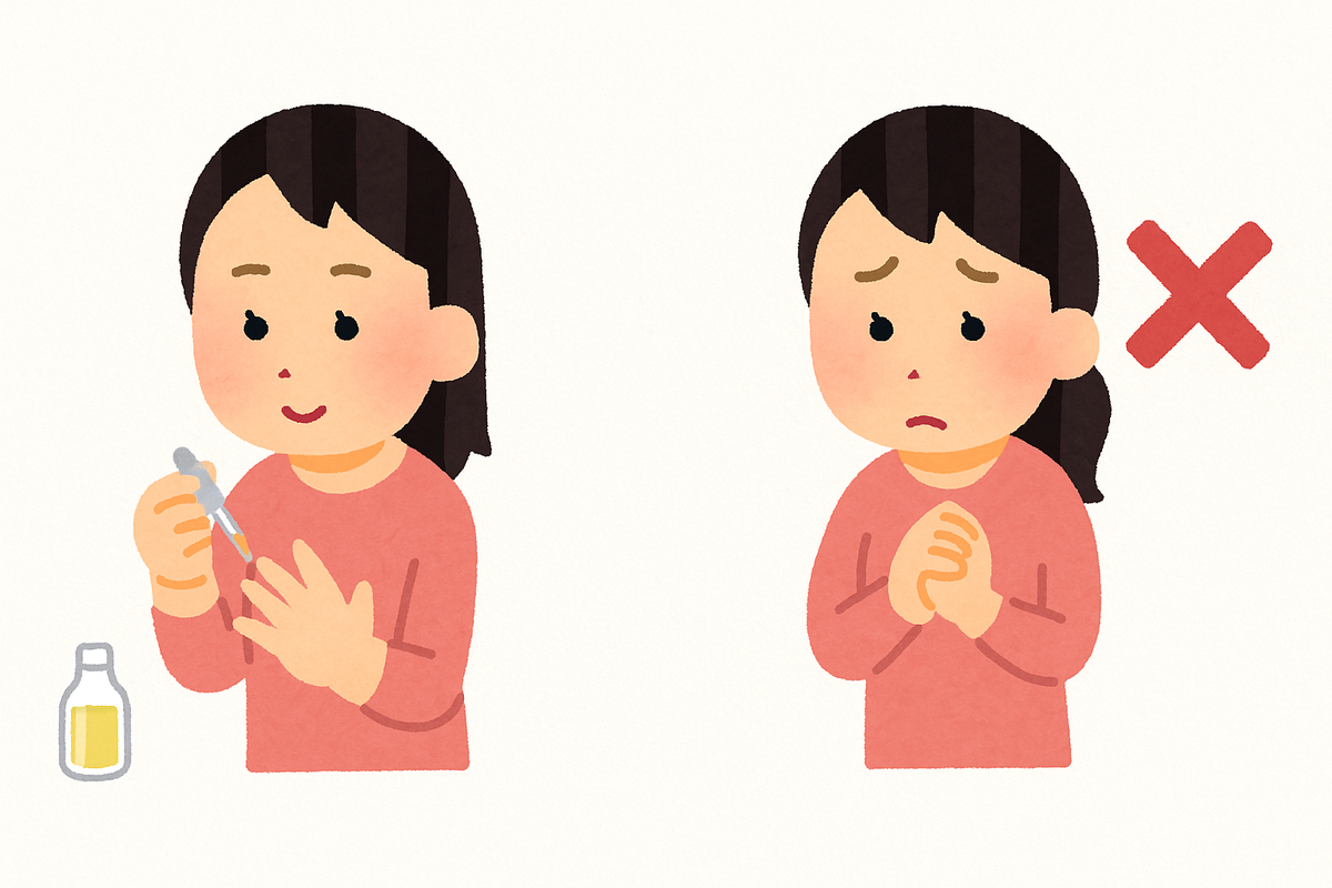 ネイルオイルの正しい塗り方とNG行動を説明する女性のイラスト