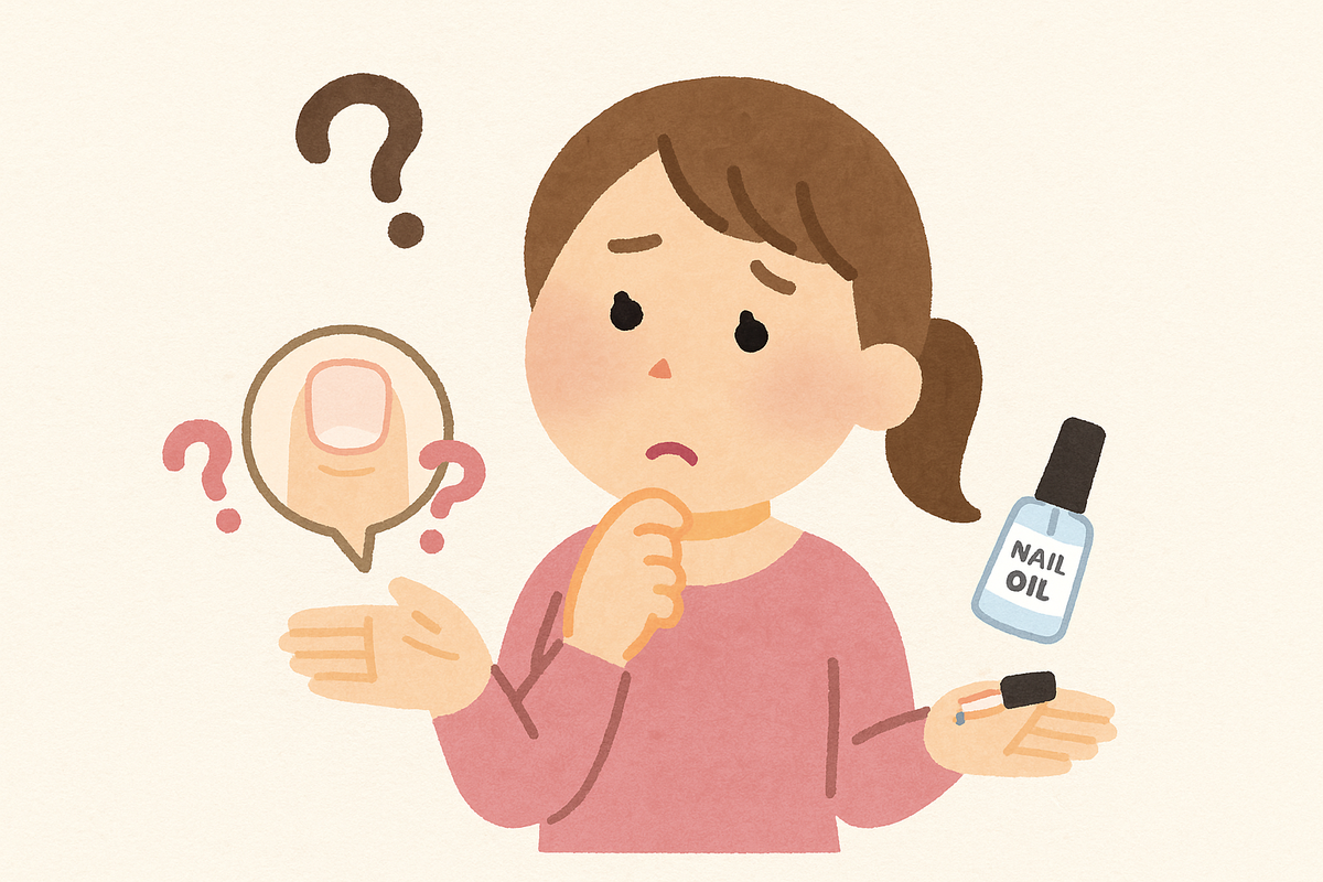 ネイルオイルをどこに塗るか悩んでいる女性のイラスト
