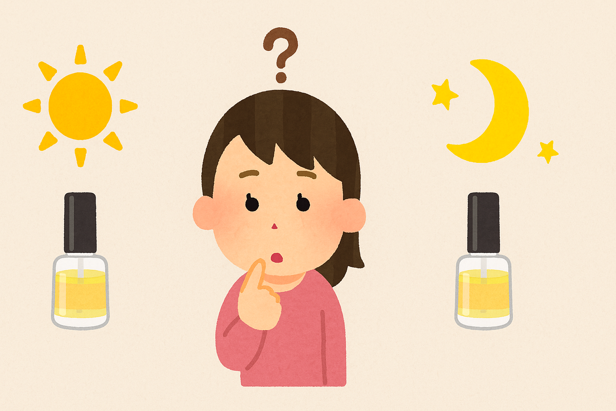 朝と夜のどちらにネイルオイルを塗るべきか悩んでいる女性のイラスト