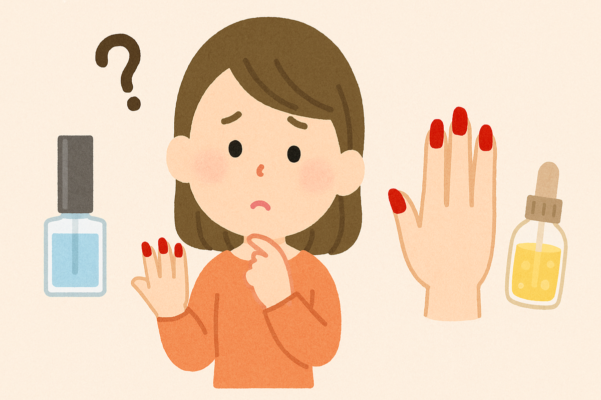 ネイルの上からネイルオイルを塗っても大丈夫か悩んでいる女性のイラスト