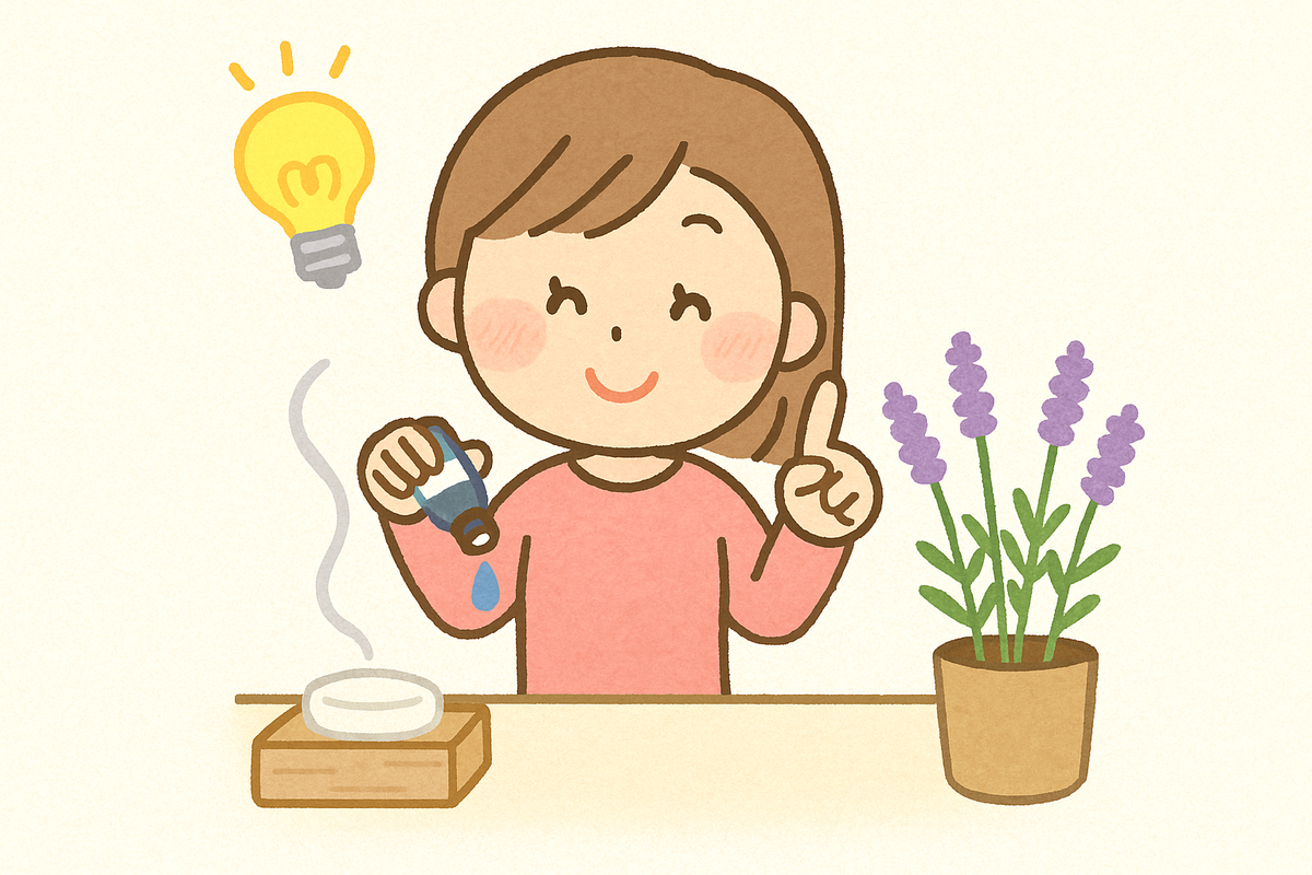 香りがもっと長持ちするアロマの使い方を工夫している女性のイラスト