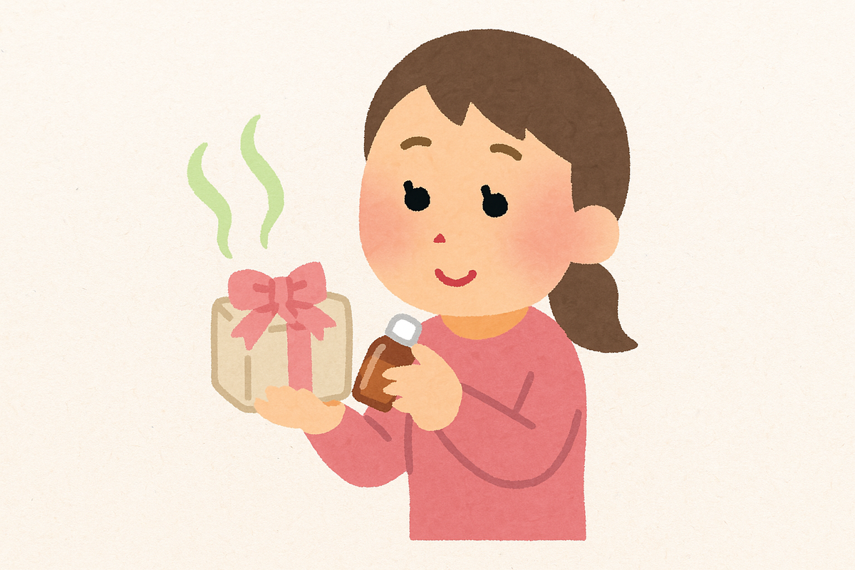 ギフトにアロマの匂いをつけている女性のイラスト