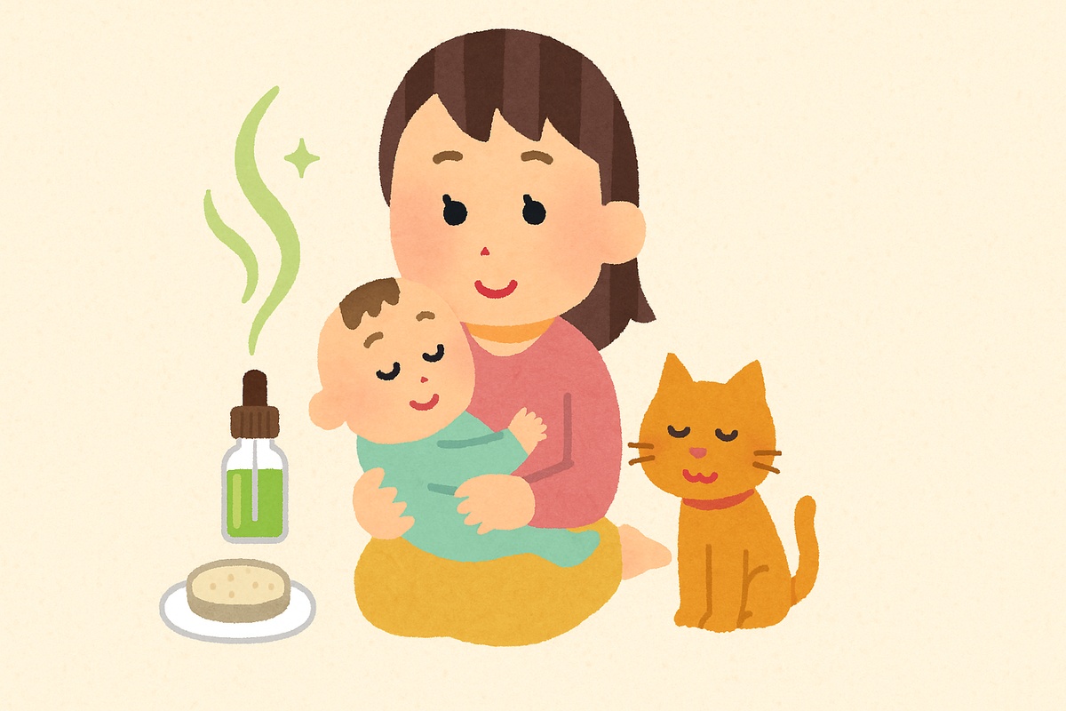 子どもやペットがいても安心なアロマを楽しむ女性のイラスト