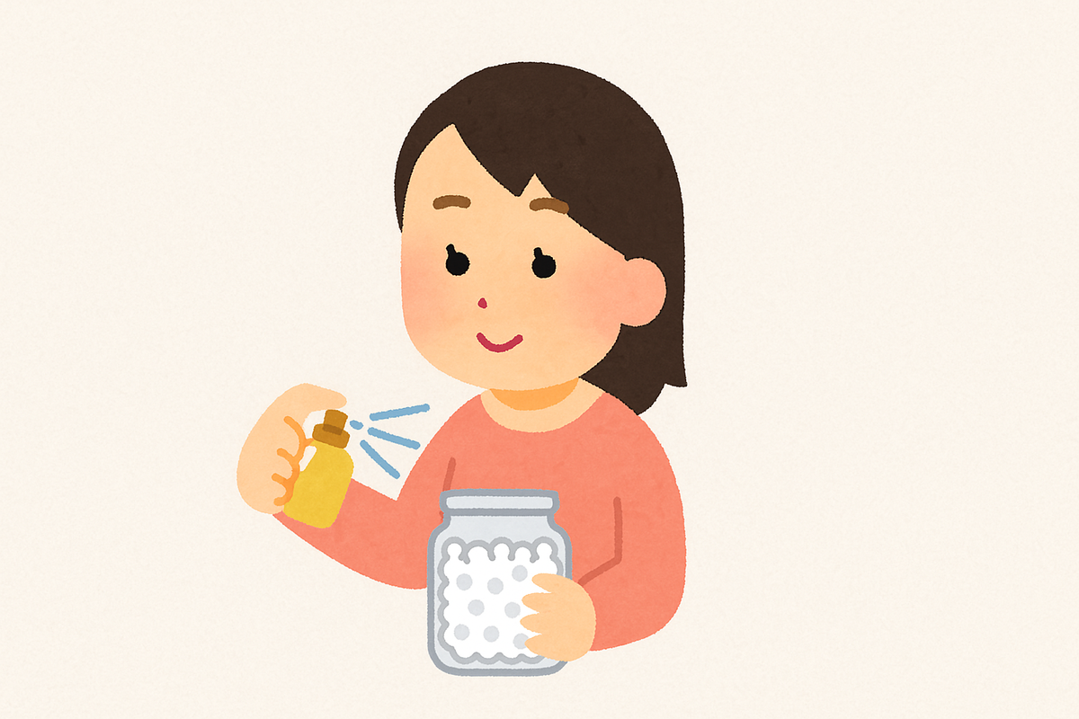 消臭ビーズに香水をかけている女性のイラスト