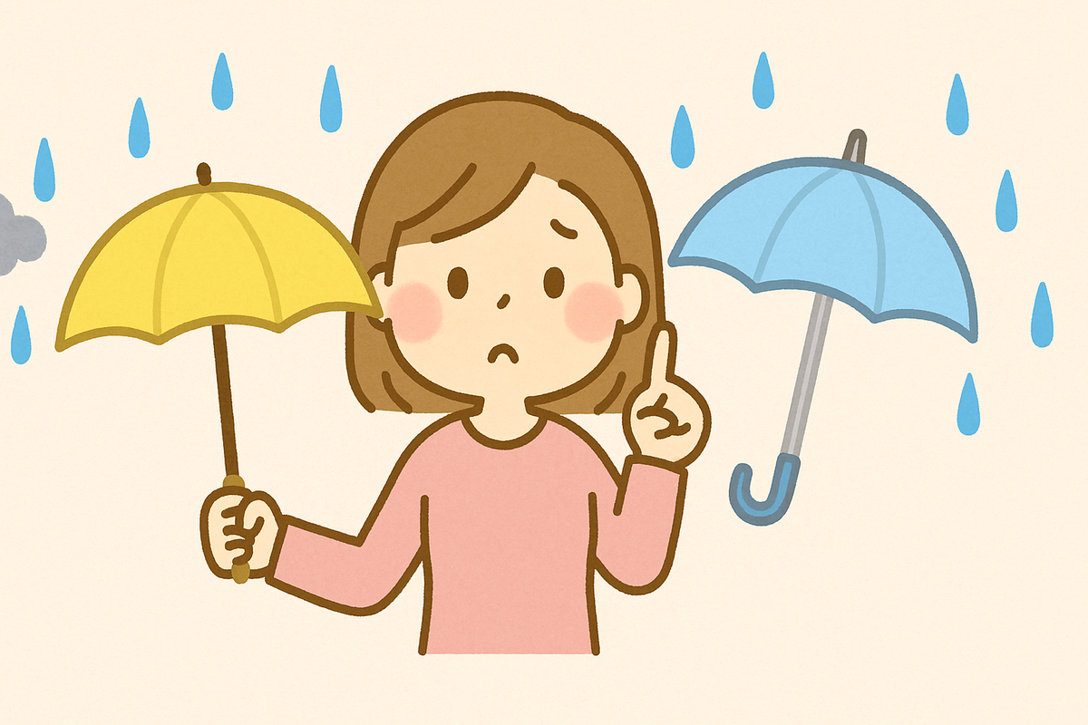 急な雨でも慌てない！賢い傘の選び方のイラスト