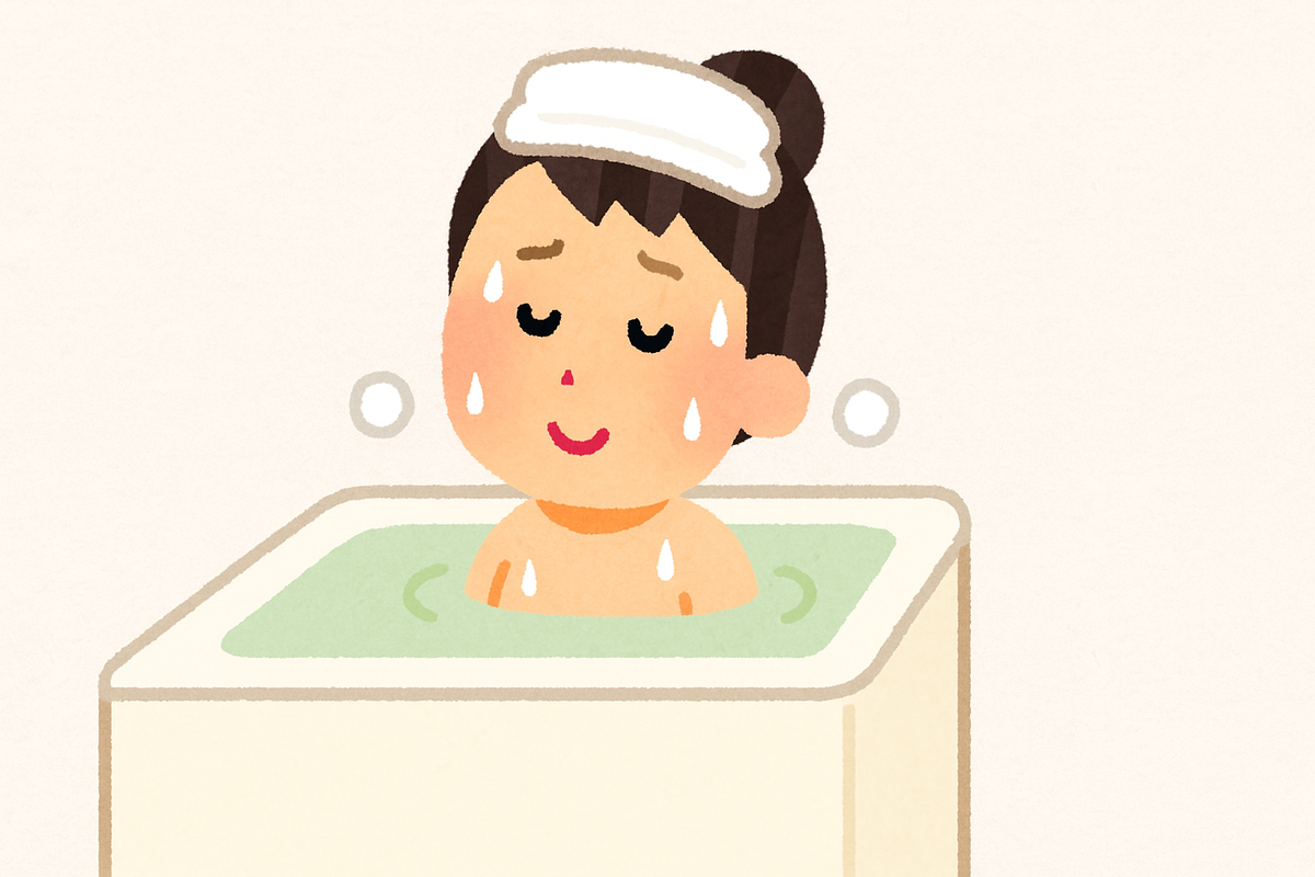 エプソムソルトを使ったお風呂に入って汗をかいている女性のイラスト