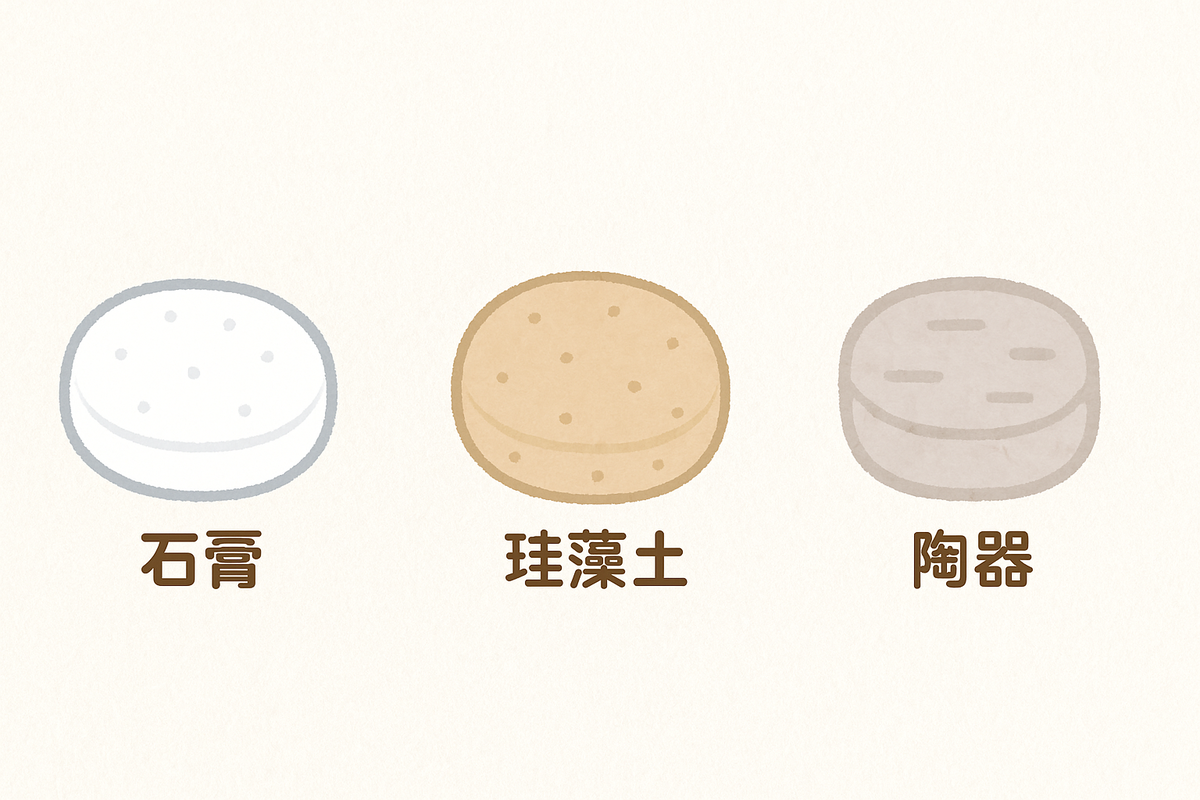 石膏や珪藻土や陶器の違いと特徴の図解