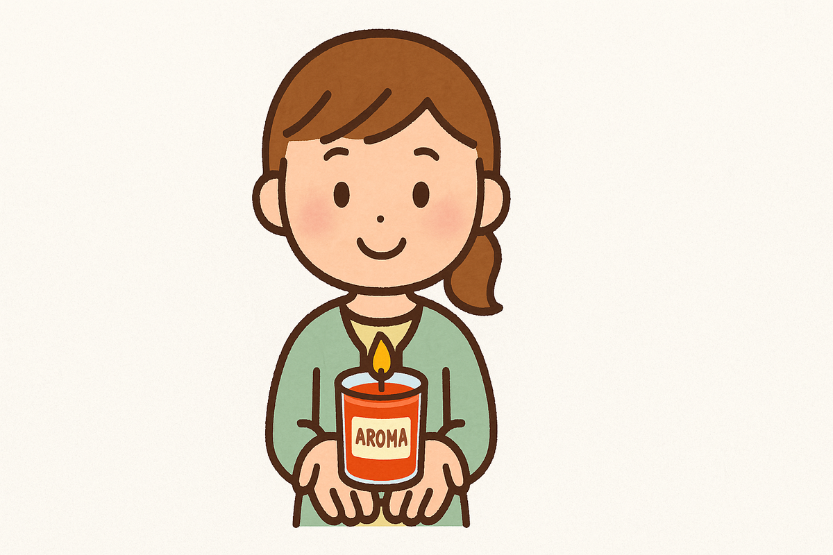 アロマキャンドルをもらって喜んでいる女性のイラスト