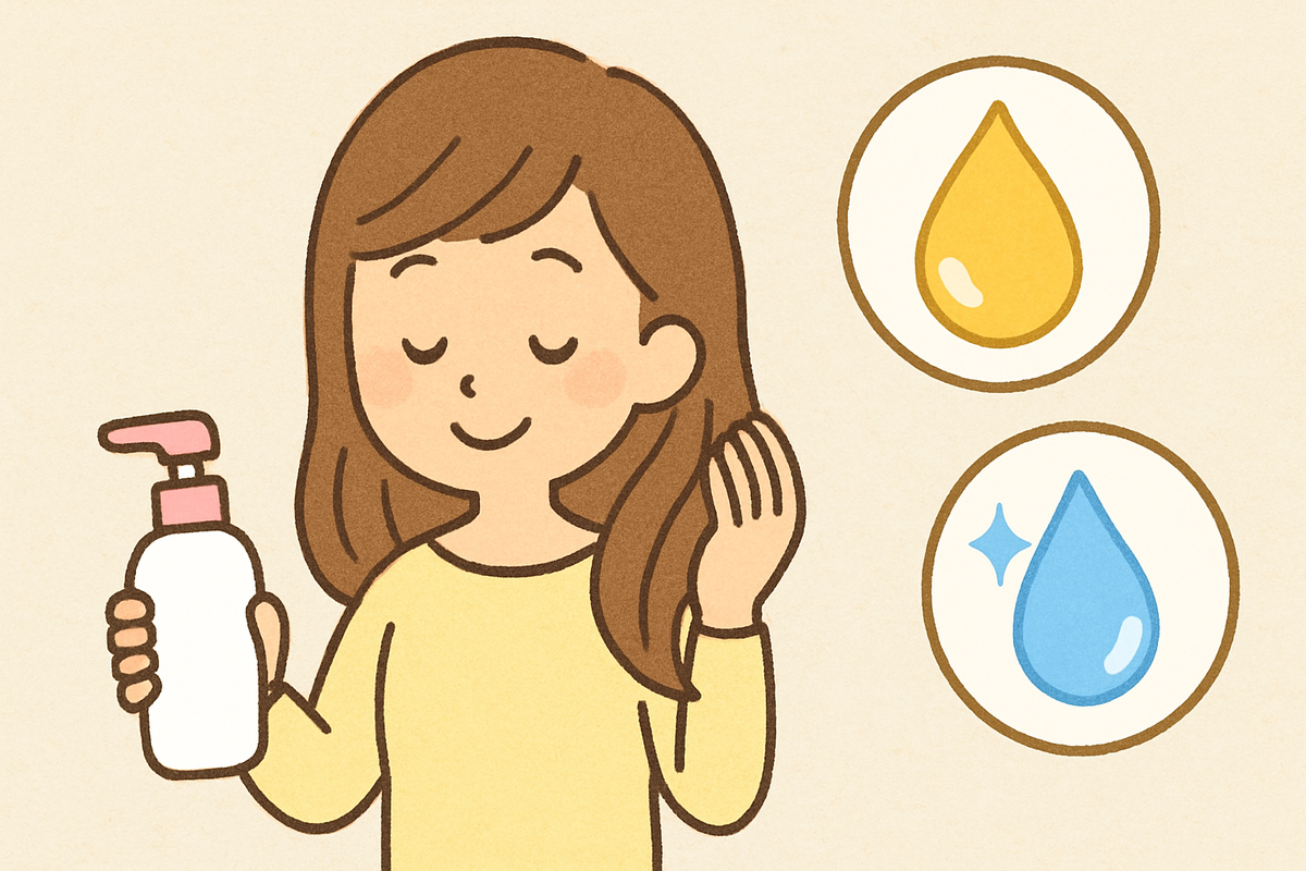 髪をなでながらしっとり感を感じている女性のイラスト