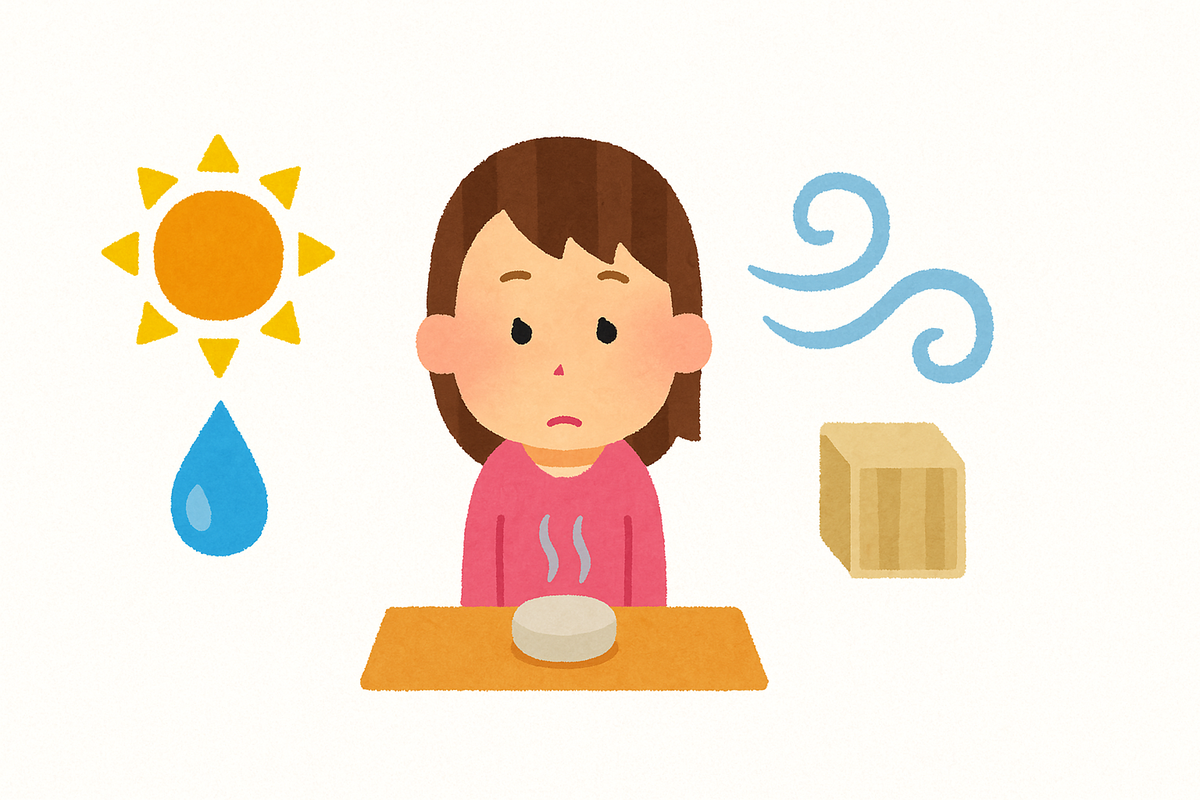 アロマストーンの香りがしない原因を考える女性が、湿度や風など環境の影響を気にしているイラスト