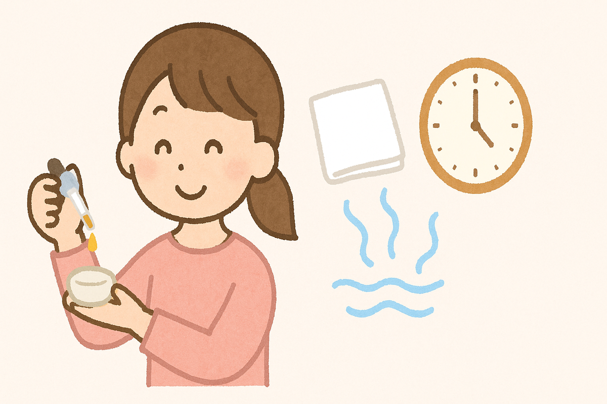 アロマストーンに精油を垂らしてお手入れをしている女性のイラスト