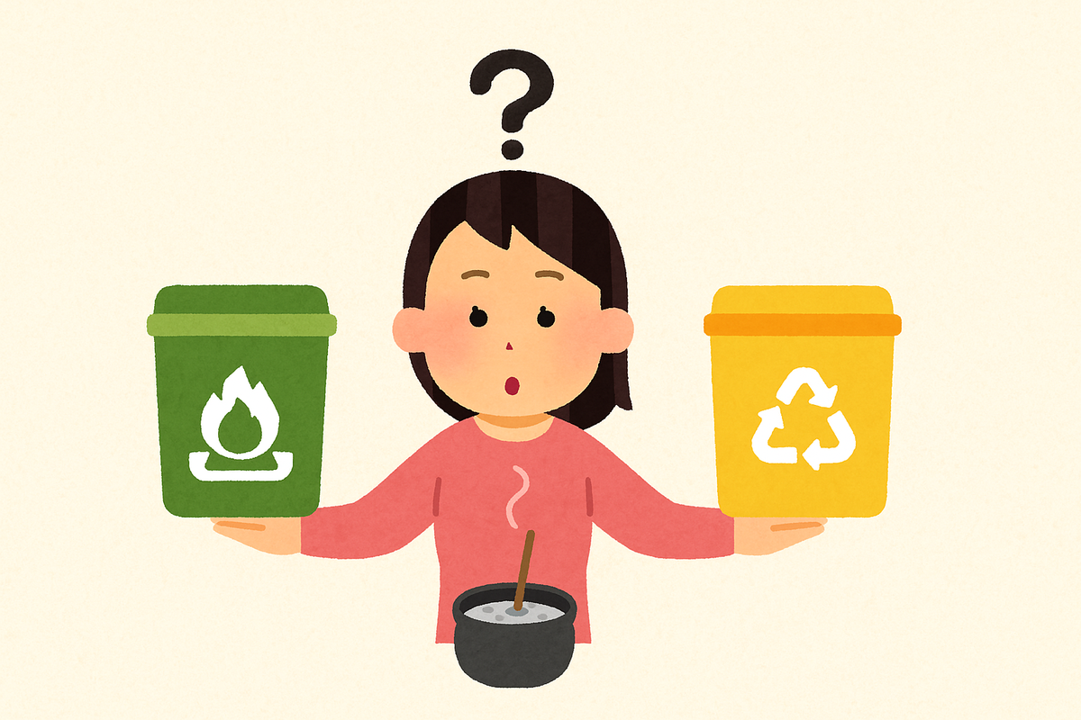 お香の灰を燃えるゴミか不燃ゴミか迷っている女性のイラスト