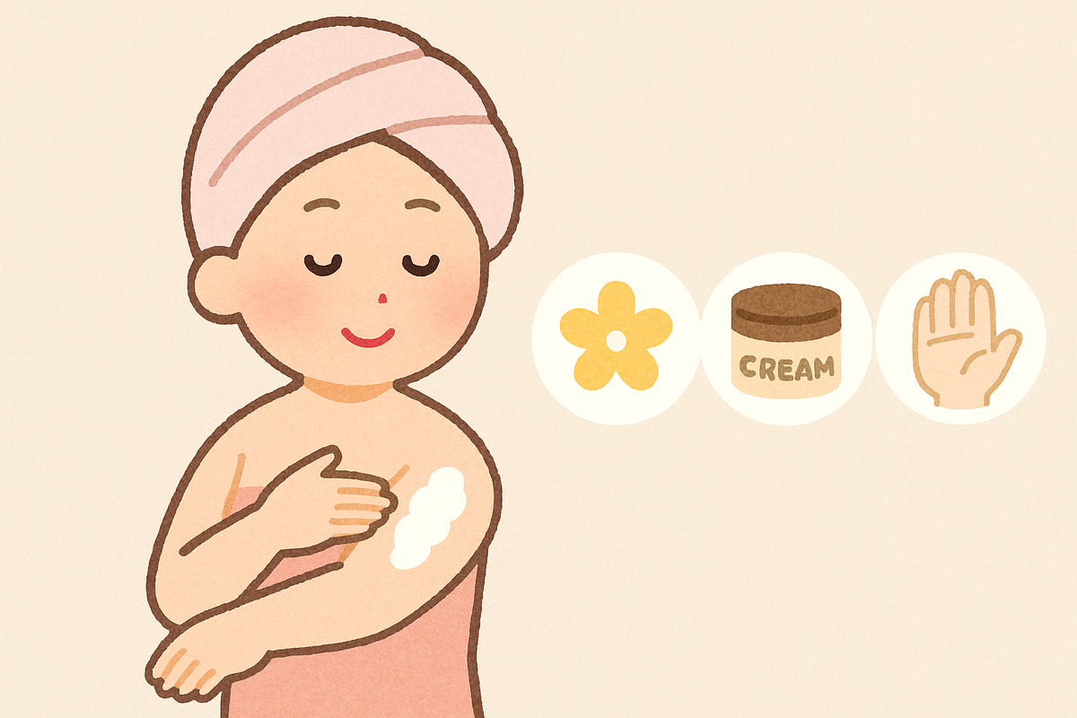 自分に合うボディクリームを選び全身を保湿する女性のイラスト