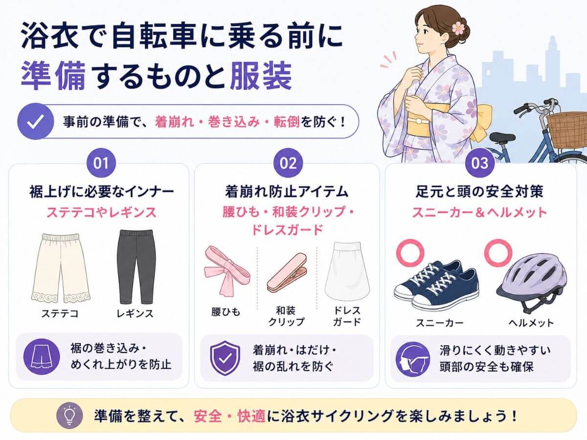 浴衣で自転車に乗る前に準備するものと服装