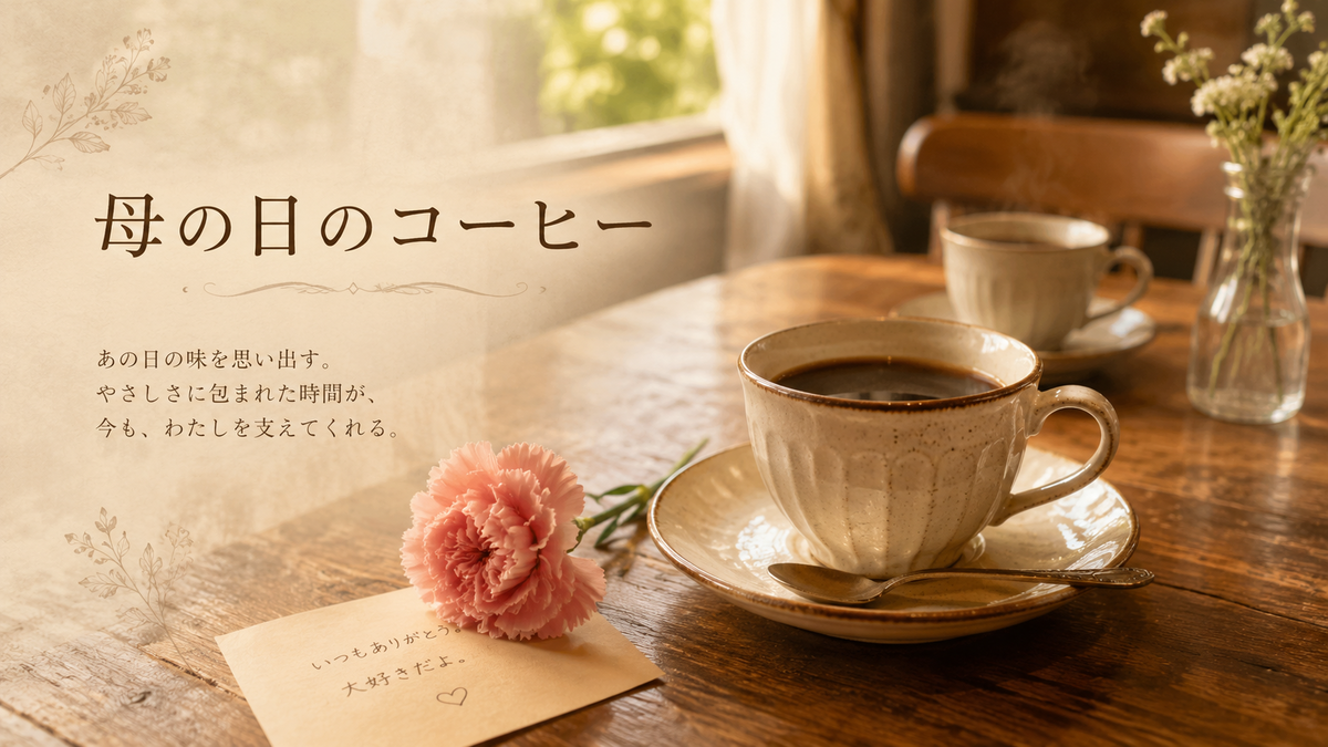 木のテーブルに置かれたコーヒーとカーネーション。母の日に母との思い出を振り返る、あたたかなカフェ時間のイメージ。
