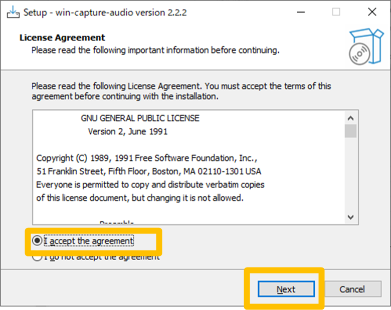 「I accept the agreement」を選択しNextをクリック
