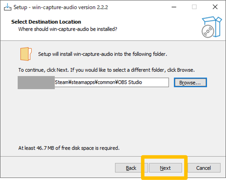 OBSインストールフォルダを指定し、Nextをクリック