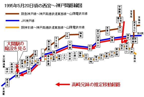 1995年5月20日頃の西宮～神戸間路線図(経路追記)