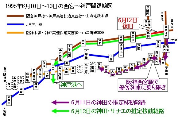 1995年6月10日～11日の西宮～神戸間路線図(経路追記)