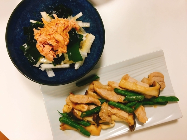 豚肉とエリンギのしょうがみそ炒め、ツナとわかめの大根サラダ