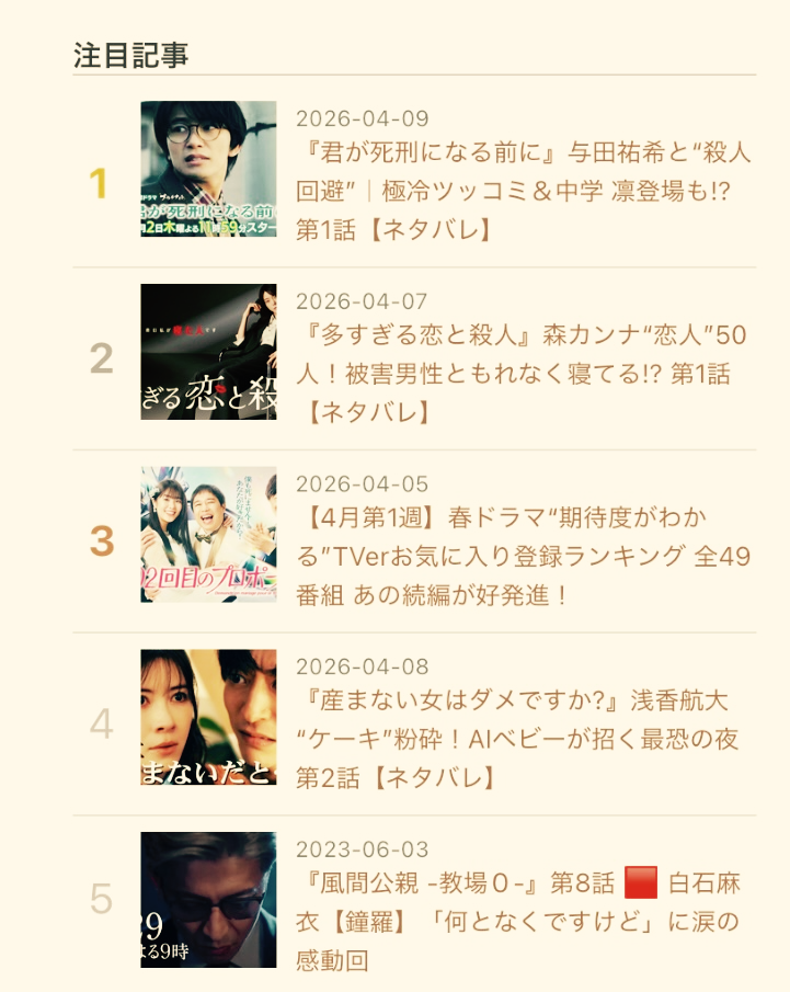 【4月第2週】春ドラマ“期待度がわかる”TVerお気に入り登録ランキング 全48番組『月夜行路』実質2位！ - カステラ書房の毎日
