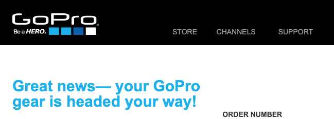 GoPro10公式サイトで購入した場合の発送案内メールの画面キャプチャー