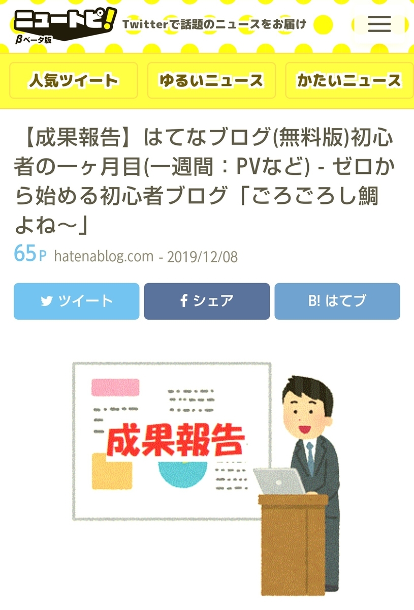 「ニュートピ！」に掲載された「はてなブログ(無料版)」一ヶ月目(一週間)の成果報告の記事