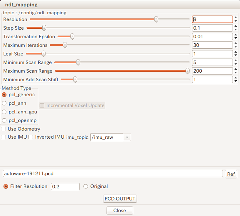 デフォルトの仮想LiDARでNDT Mappingがうまくいったときの設定値