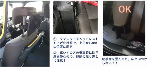 **ヘッドレストをある程度まで下げると椅子が畳めることを発見し、その位置でタブレット固定バーを固定する。配線の取り廻しに気を付けることで、タブレットが取付けられたまま椅子が畳めることを発見！**