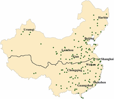 淮河（黒線）の北側で大気汚染対策が行われた