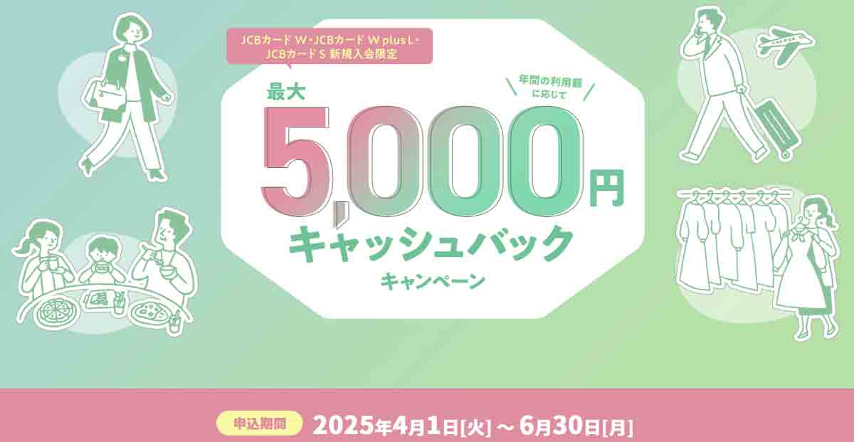 JCBカード W、JCBカード W plus L 最大5,000円キャッシュバック