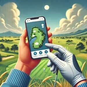 スマートフォンでゴルフコースを調べている