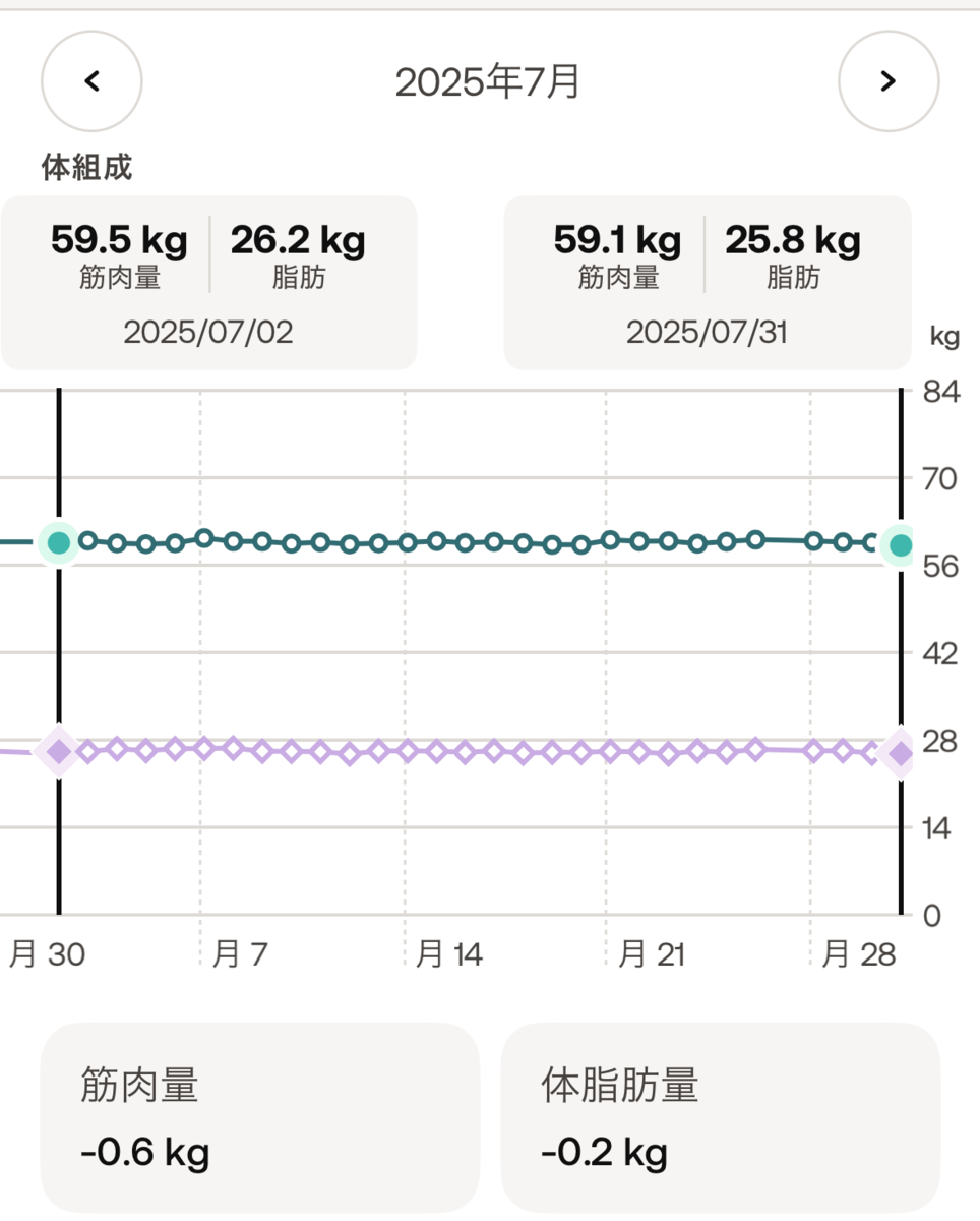 2025年07月の筋肉量と脂肪の推移。筋肉-0.6kg、脂肪-0.2kg。